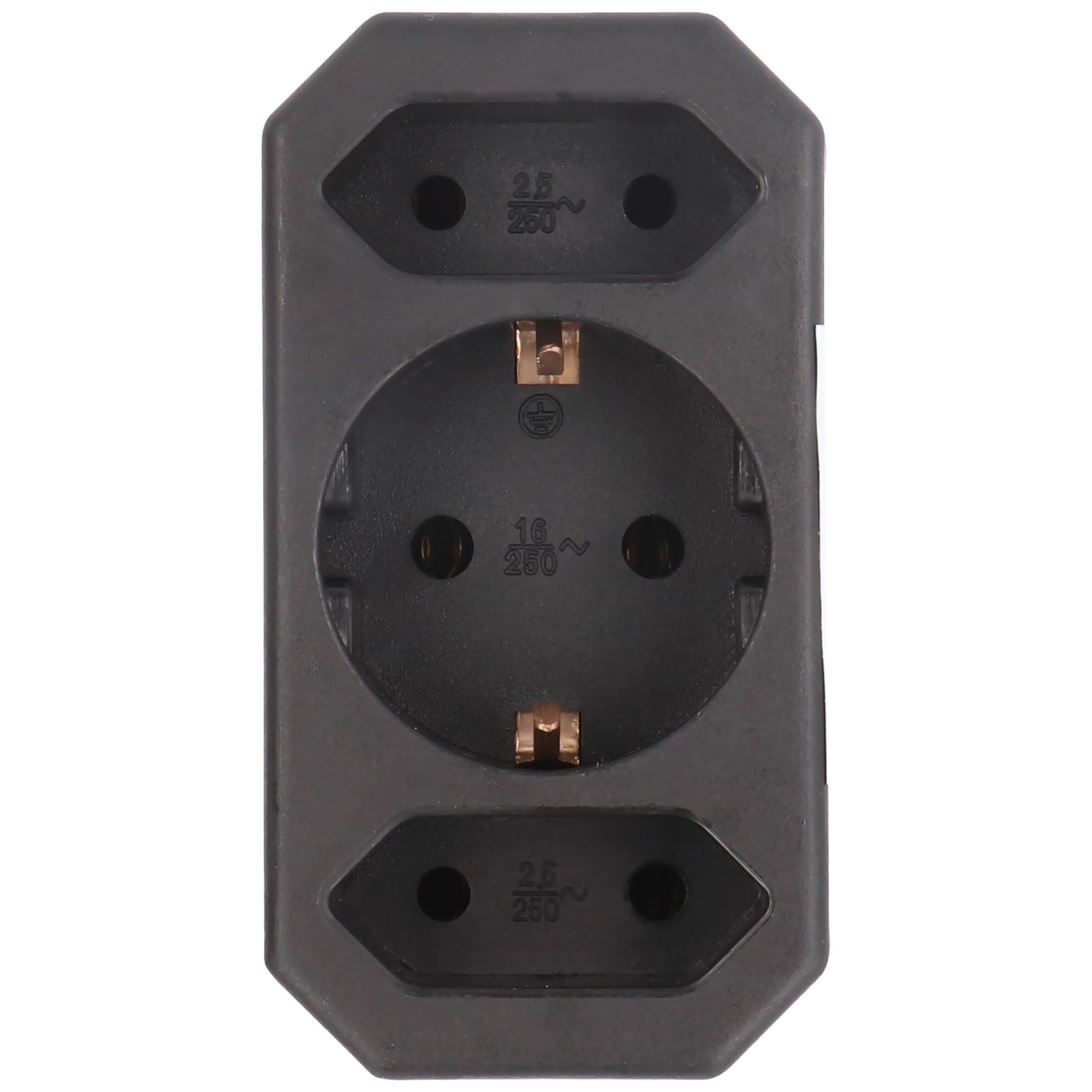 Multistecker 2x Euro und 1x Schutzkontakt schwarz vertikal