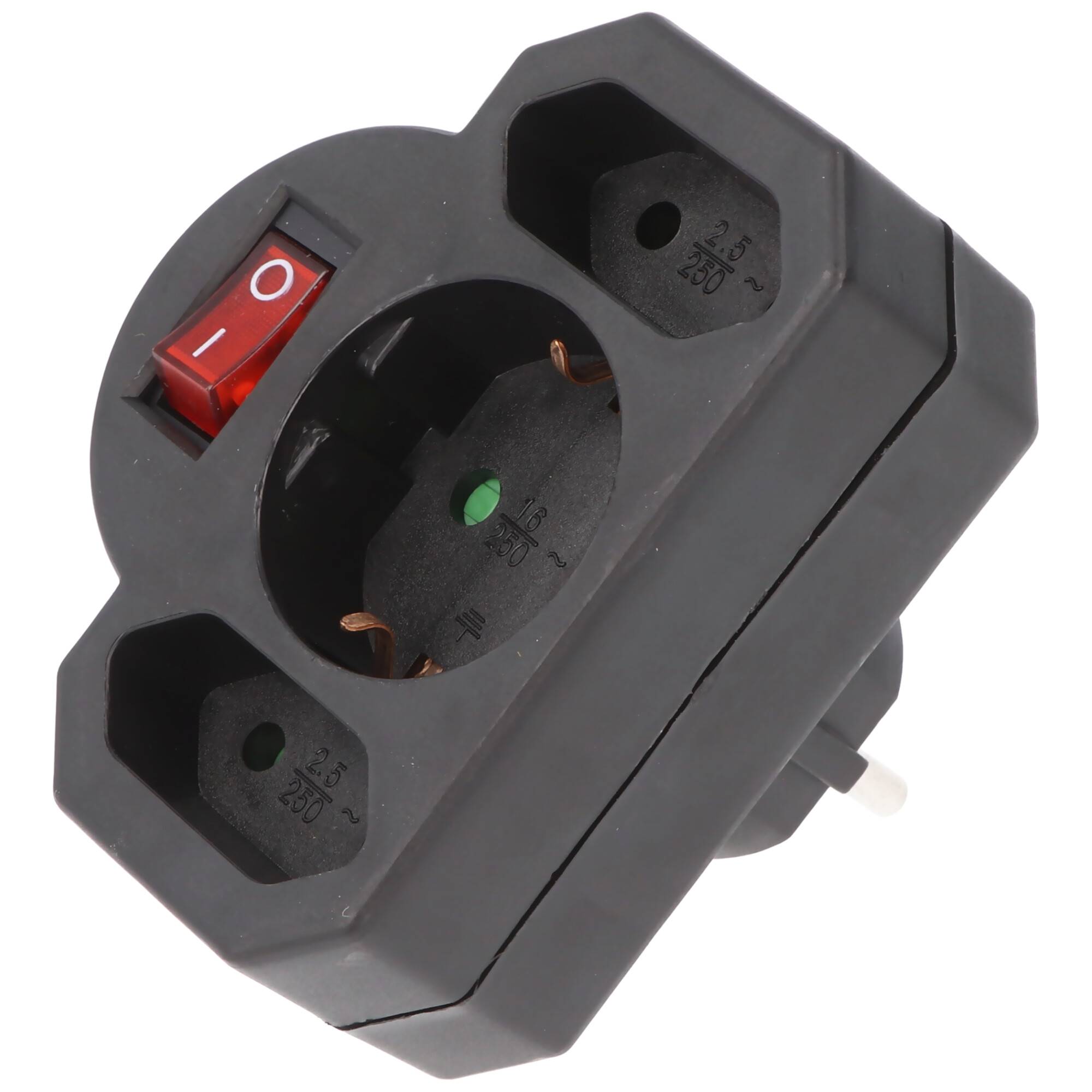 Multistecker 2x Euro und 1x Schutzkontakt schwarz mit Schalter