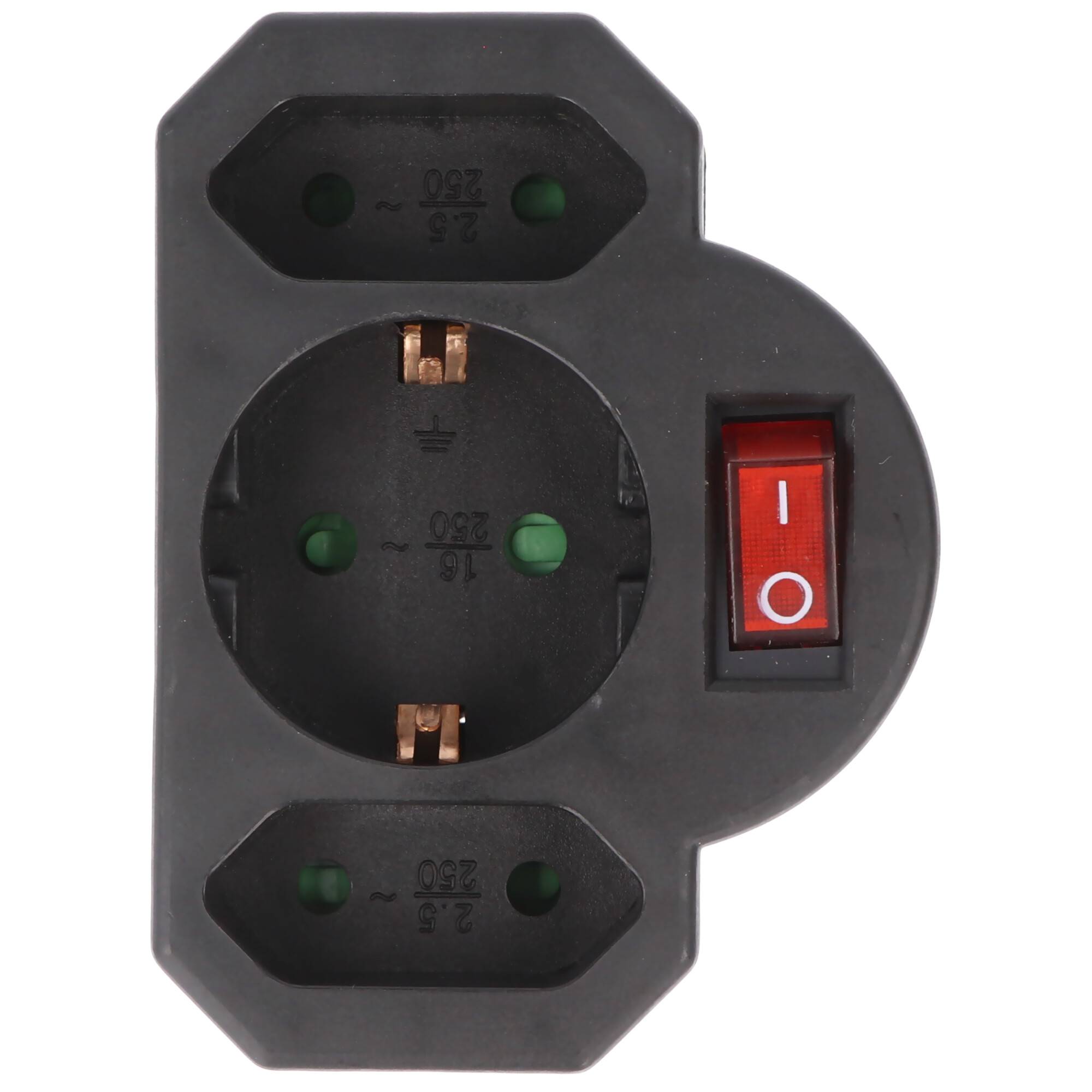 Multistecker 2x Euro und 1x Schutzkontakt schwarz mit Schalter