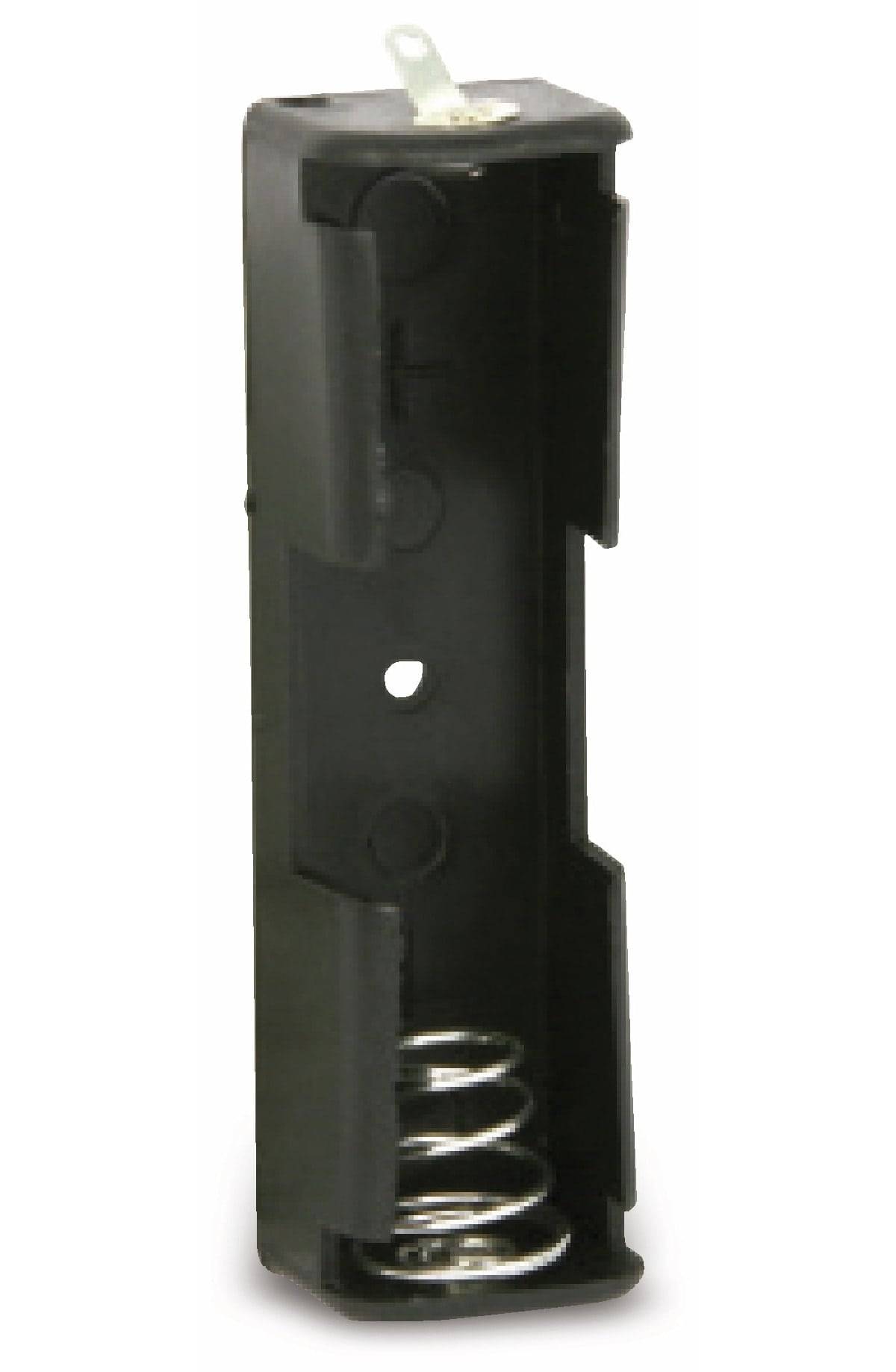 Nahaufnahme eines schwarzen Metallhalters mit Löchern und einer sichtbaren Feder am unteren Ende.