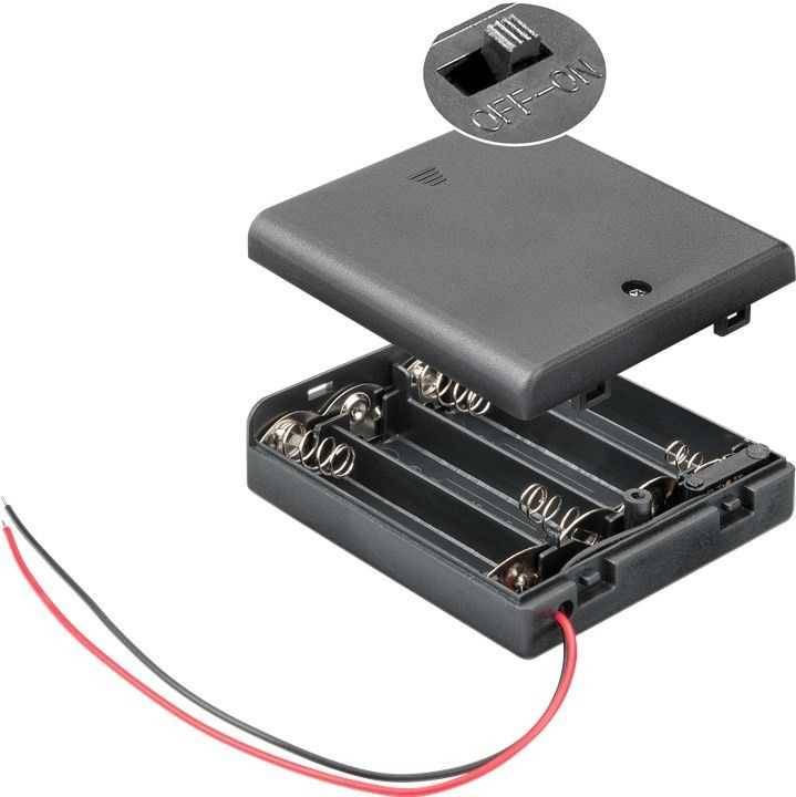 Batteriehalter für 4x Mignon mit Deckel und Schalter lose Kabelenden, wasserabweisend