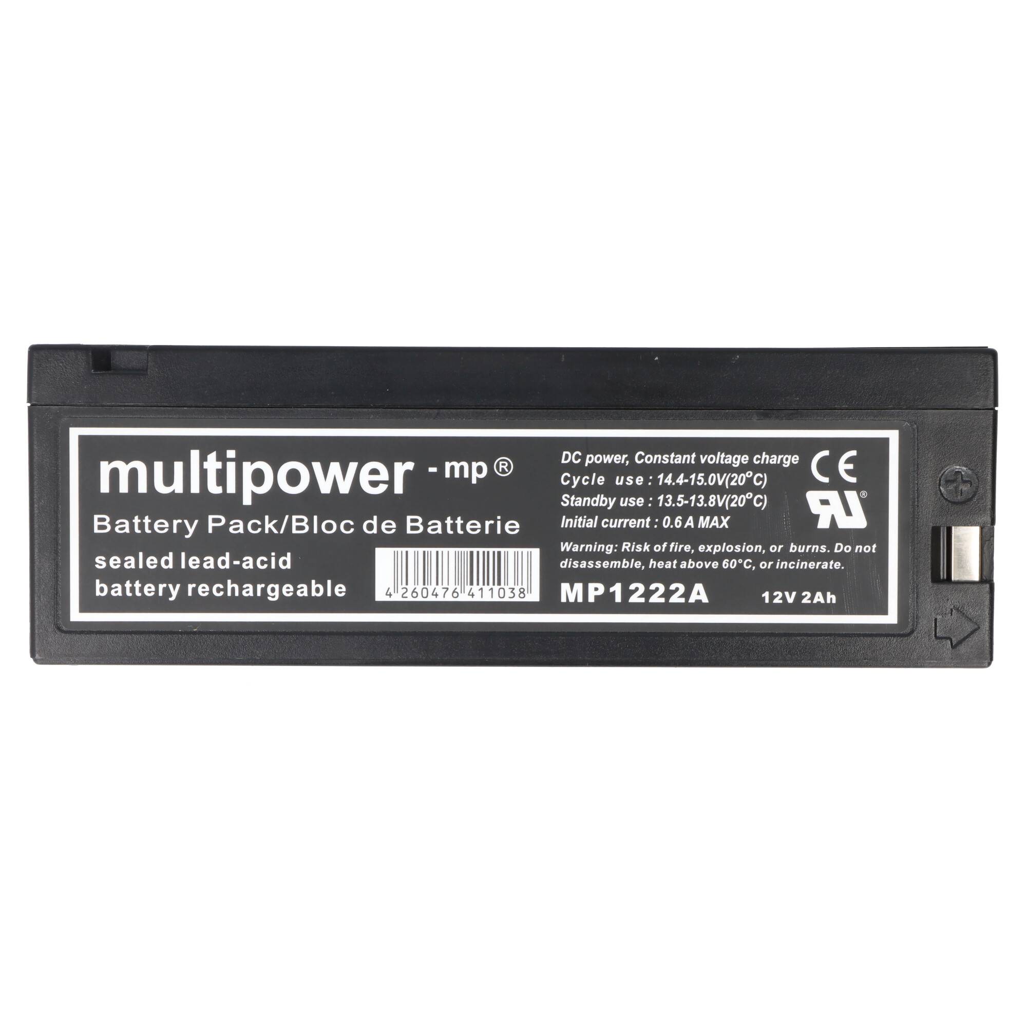 Schwarze versiegelte Blei-Säure-Akku-Batteriebatterie mit der Bezeichnung MP1222A, 12V 2Ah.