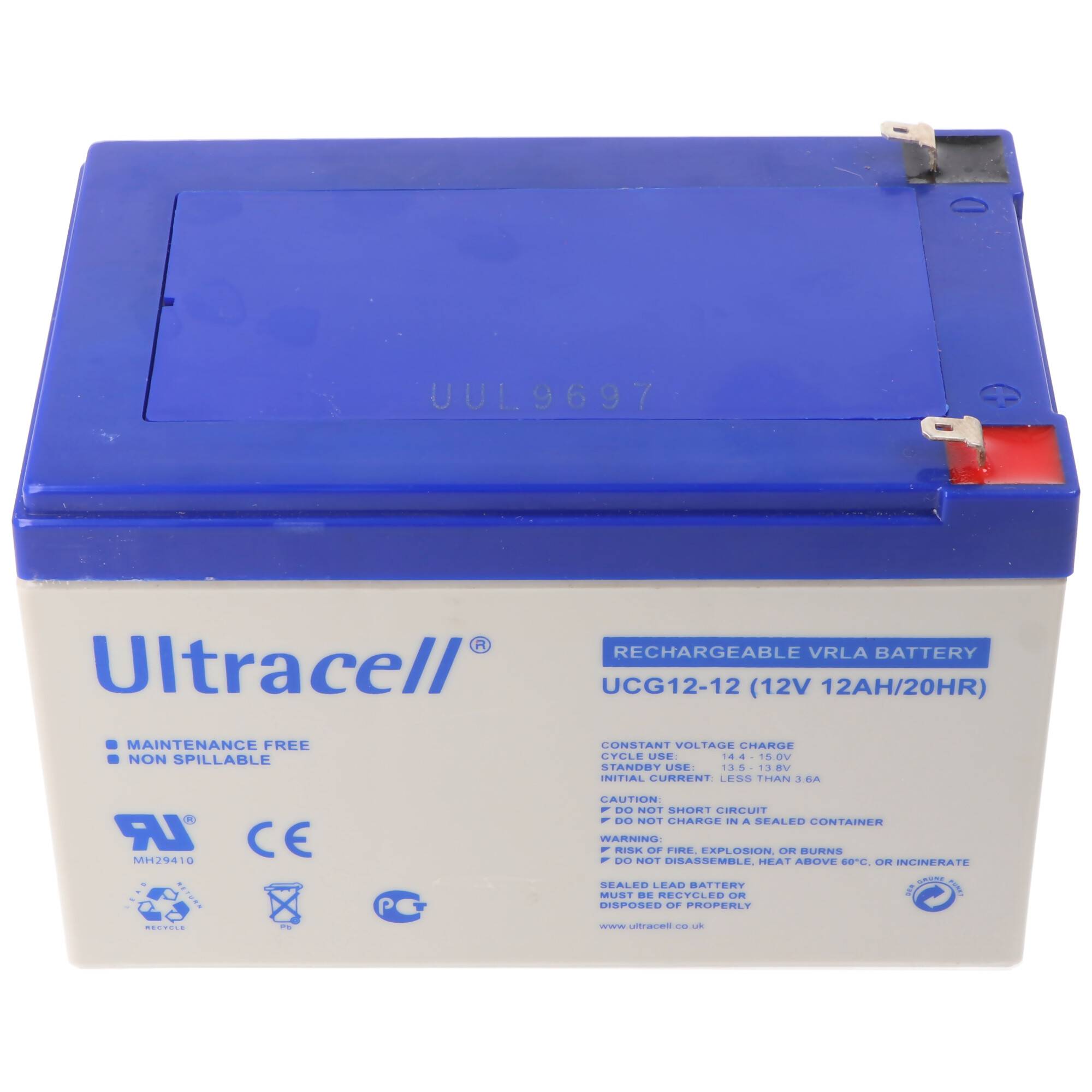 Blue Ultracell wiederaufladbare VRLA-Batterie mit Anschlüssen oben und Etikett 12V 12Ah auf der Vorderseite.
