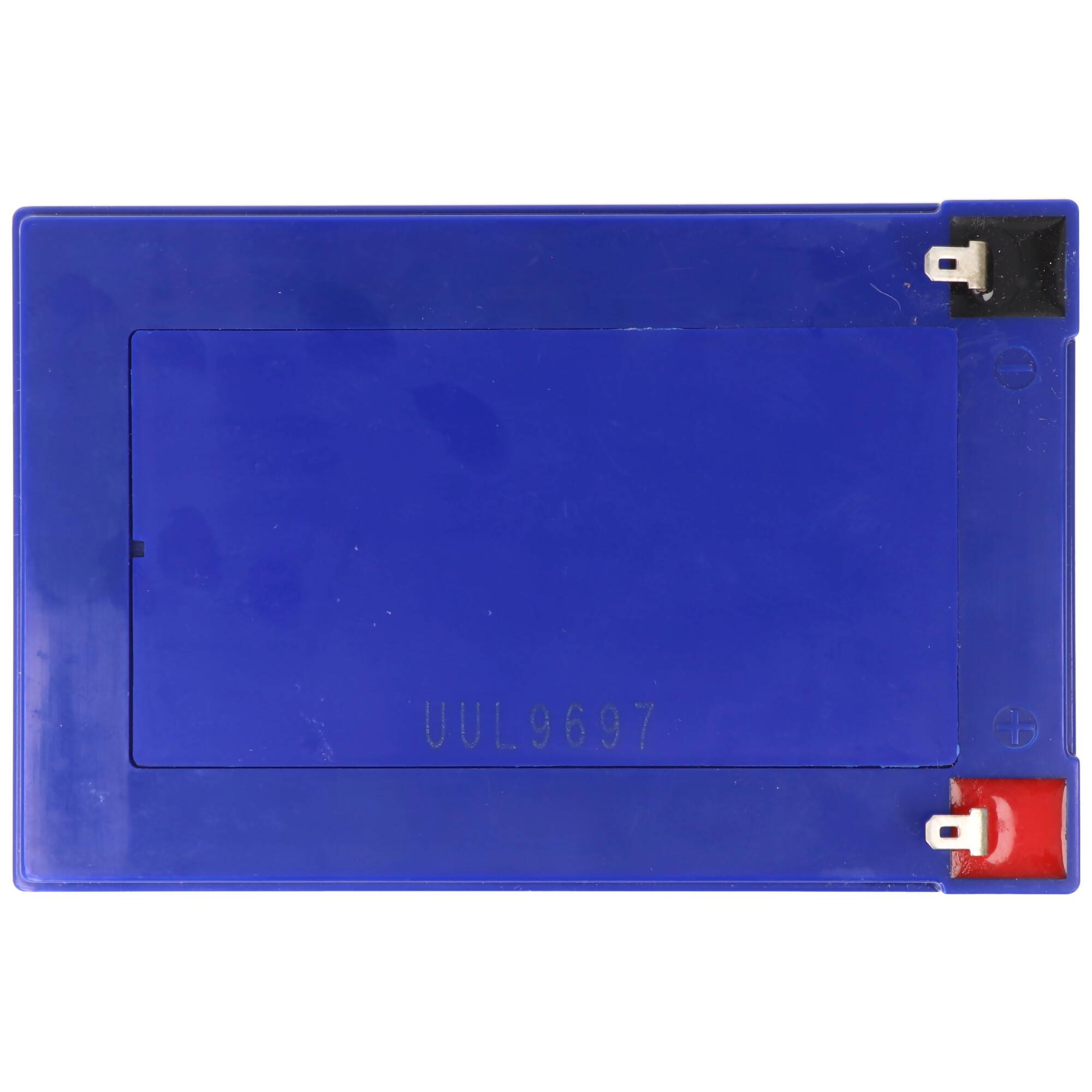 Blaues rechteckiges Batteriepak mit zwei Anschlüssen, einer schwarzer oben rechts und einer roter unten rechts.