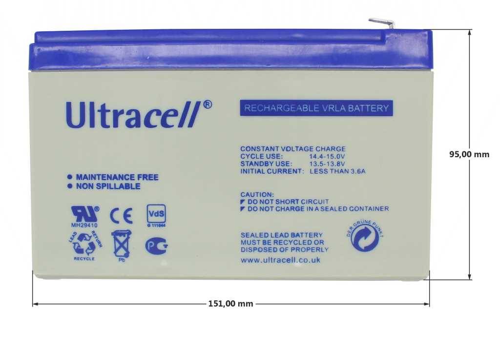 Bild einer wiederaufladbaren Ultracell VRLA-versiegelten Blei-Säure-Batterie mit beschrifteten Abmessungen von 151 mm Breite und 95 mm Höhe.