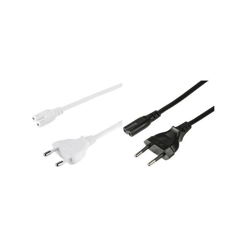 Ein weißes und ein schwarzes europäisches Stromkabel werden nebeneinander angezeigt und zeigen unterschiedliche Merkmale zu Vergleichszwecken.