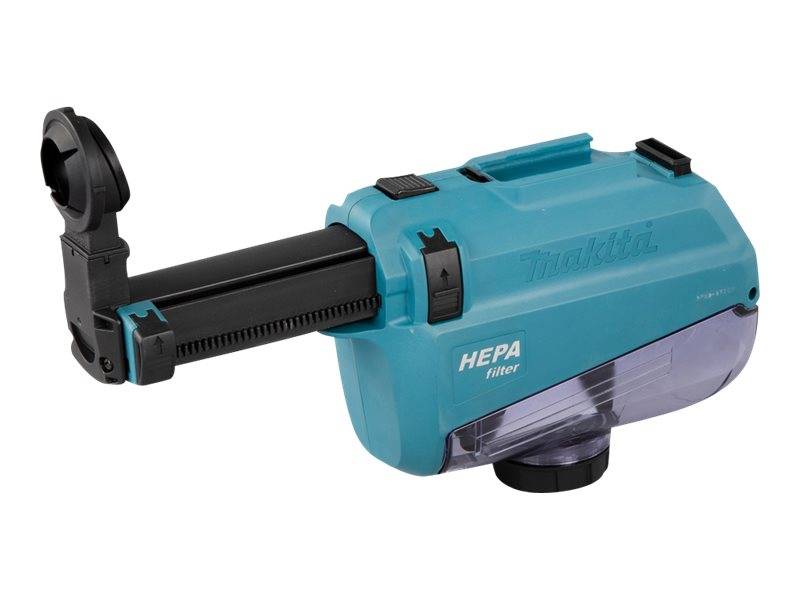 Blauer Makita HEPA-Filter-Staubsauger-Aufsatz mit schwarzer verstellbarer Düse auf weißem Hintergrund.