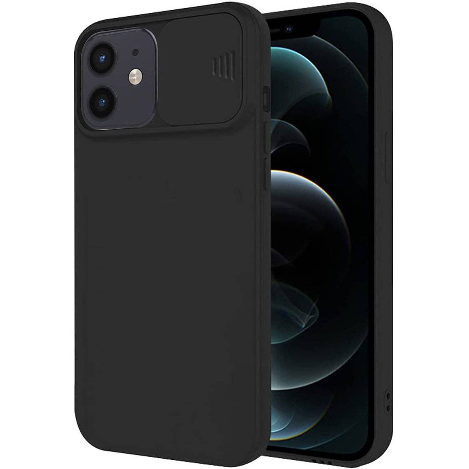 360 Grad Schutz CamShield Silikon Cover Case Slim Handyhülle mit Kameraschutz für iPhone 12 Schwarz