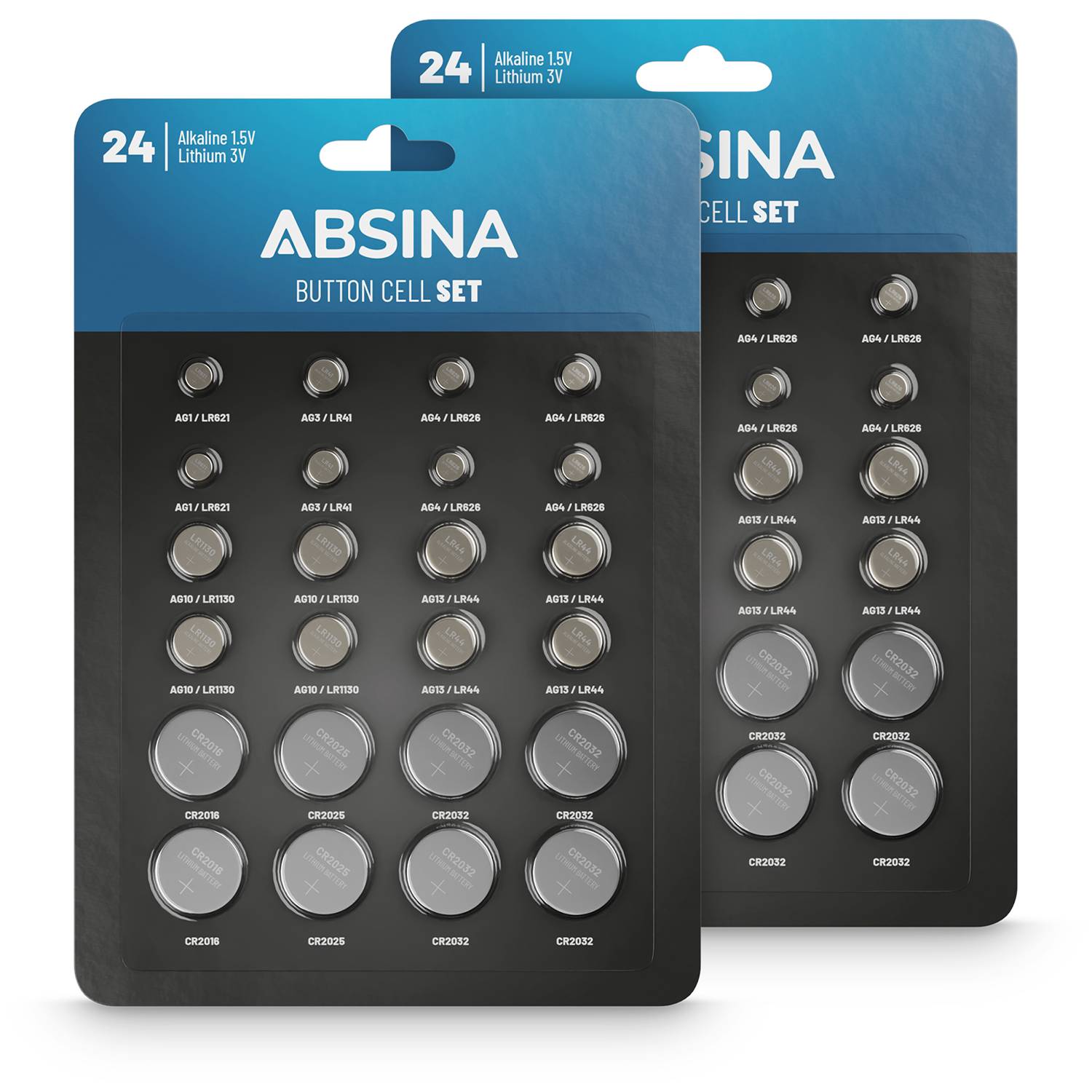 ABSINA 48er Pack Alkaline & Lithium Knopfzellen - 4x AG1 / 4x AG3 / 8x AG4 / 8x AG10 / 8x AG13 / 4x CR2016 / 4x CR2025 / 8x CR2032 - 1,5V & 3V