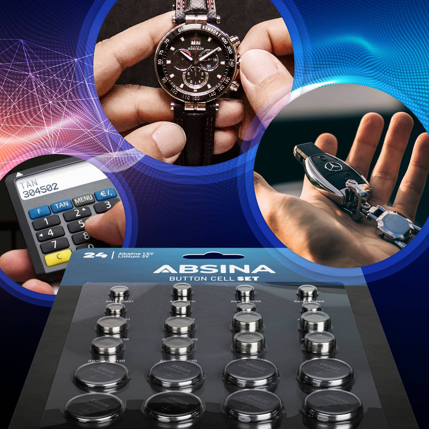 ABSINA 48er Pack Alkaline &amp; Lithium Knopfzellen - 4x AG1 / 4x AG3 / 8x AG4 / 8x AG10 / 8x AG13 / 4x CR2016 / 4x CR2025 / 8x CR2032 - 1,5V &amp; 3V