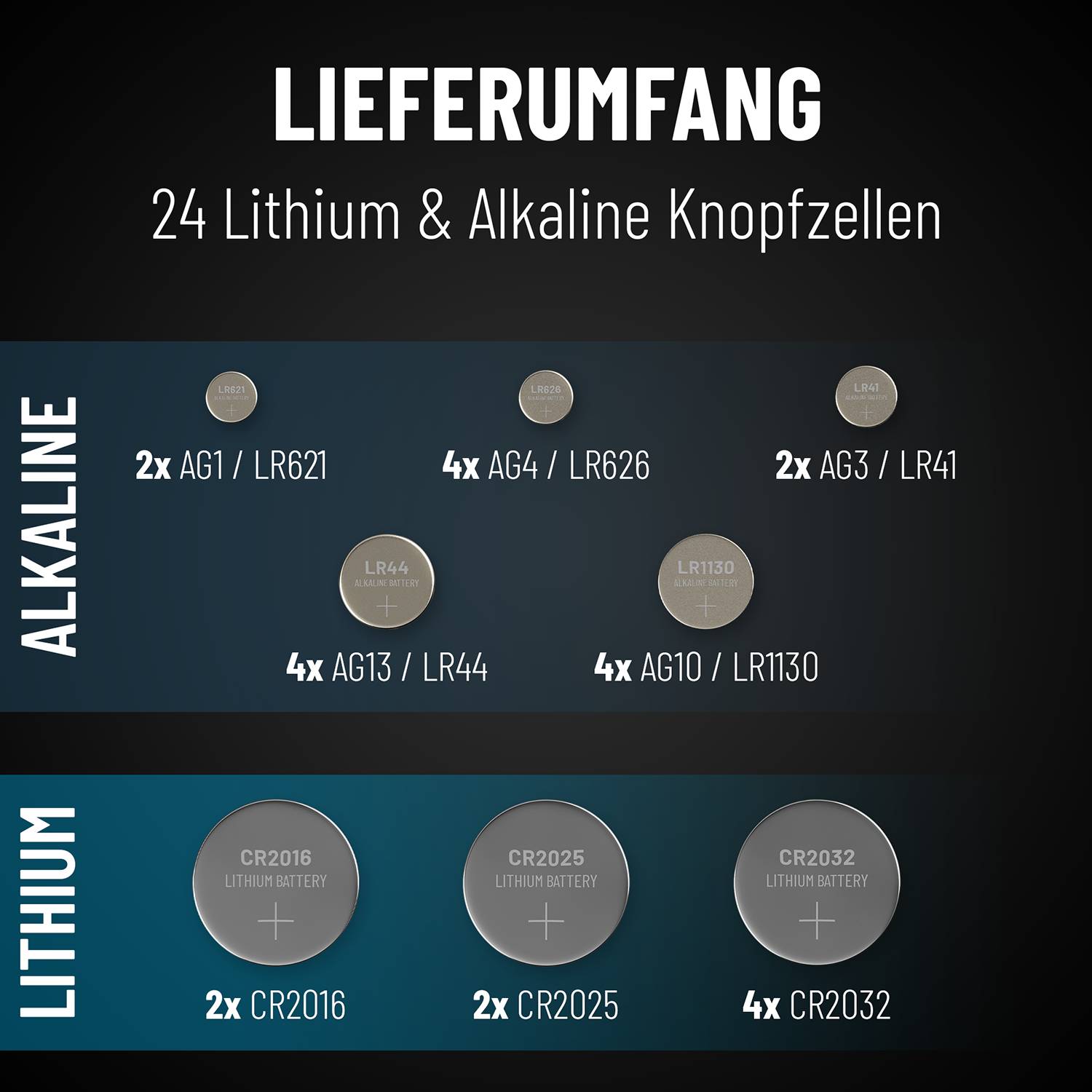 ABSINA 48er Pack Alkaline &amp; Lithium Knopfzellen - 4x AG1 / 4x AG3 / 8x AG4 / 8x AG10 / 8x AG13 / 4x CR2016 / 4x CR2025 / 8x CR2032 - 1,5V &amp; 3V