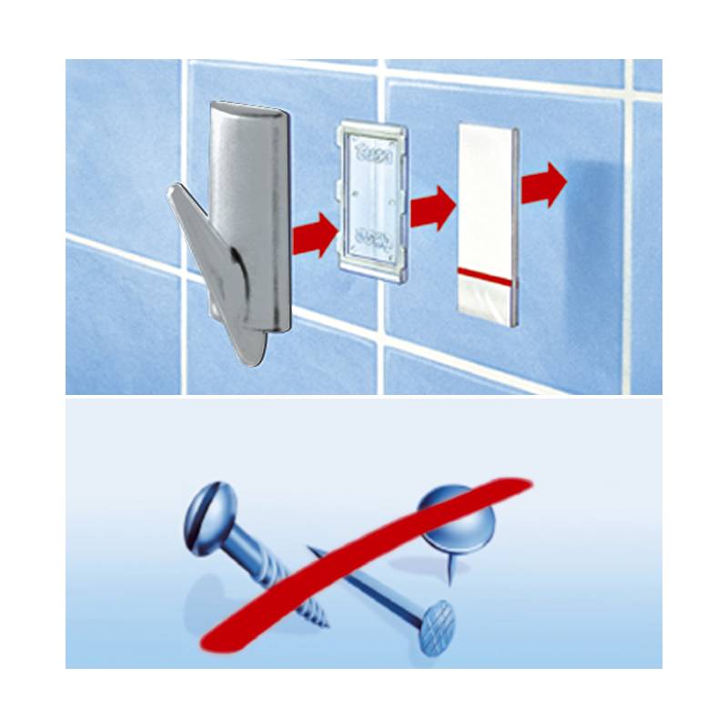 Eine Grafik, die einen Wandhaken-Installationsprozess mit Pfeilen und einer Skizze eines durchgestrichenen Schrauben- und Nagelsymbols zeigt, was bedeutet, dass kein Bohren erforderlich ist.