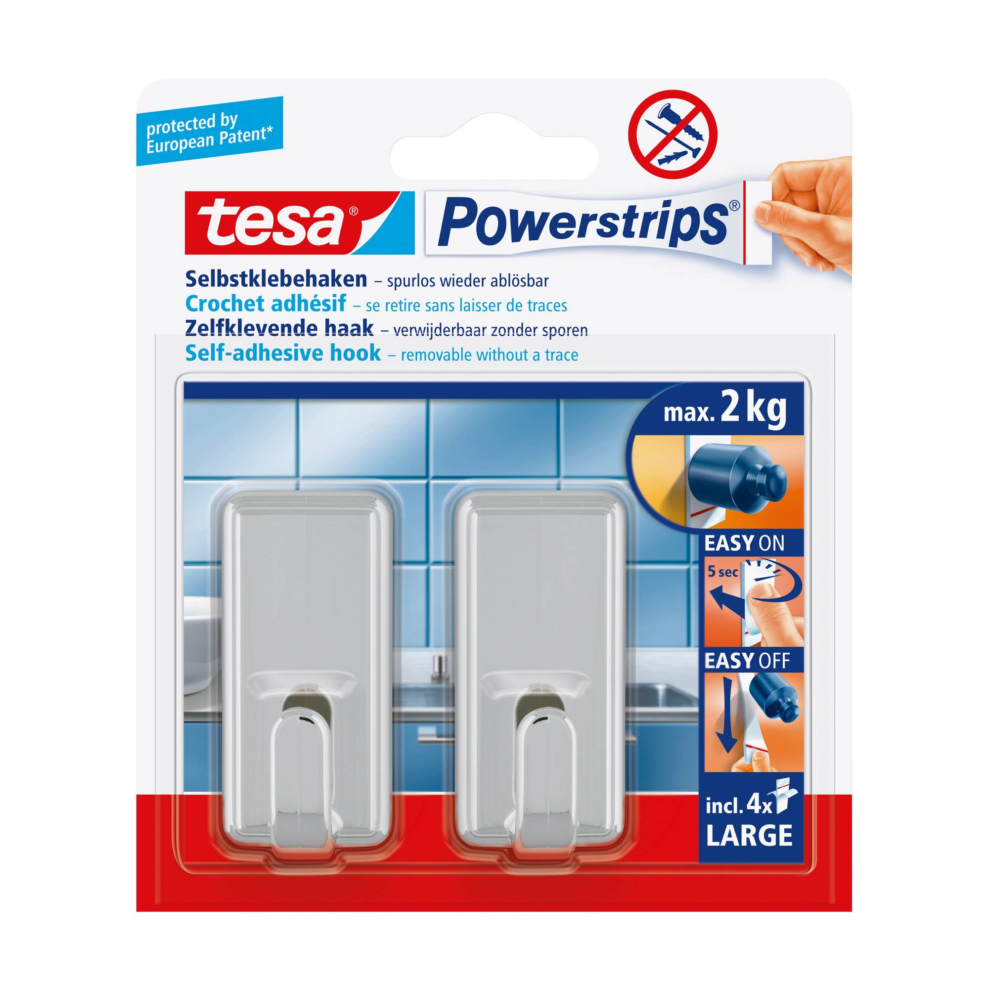 TESA 58051, Indoor, Universalhaken, Chrom, Kunststoff, Klebestreifen, 2 kg