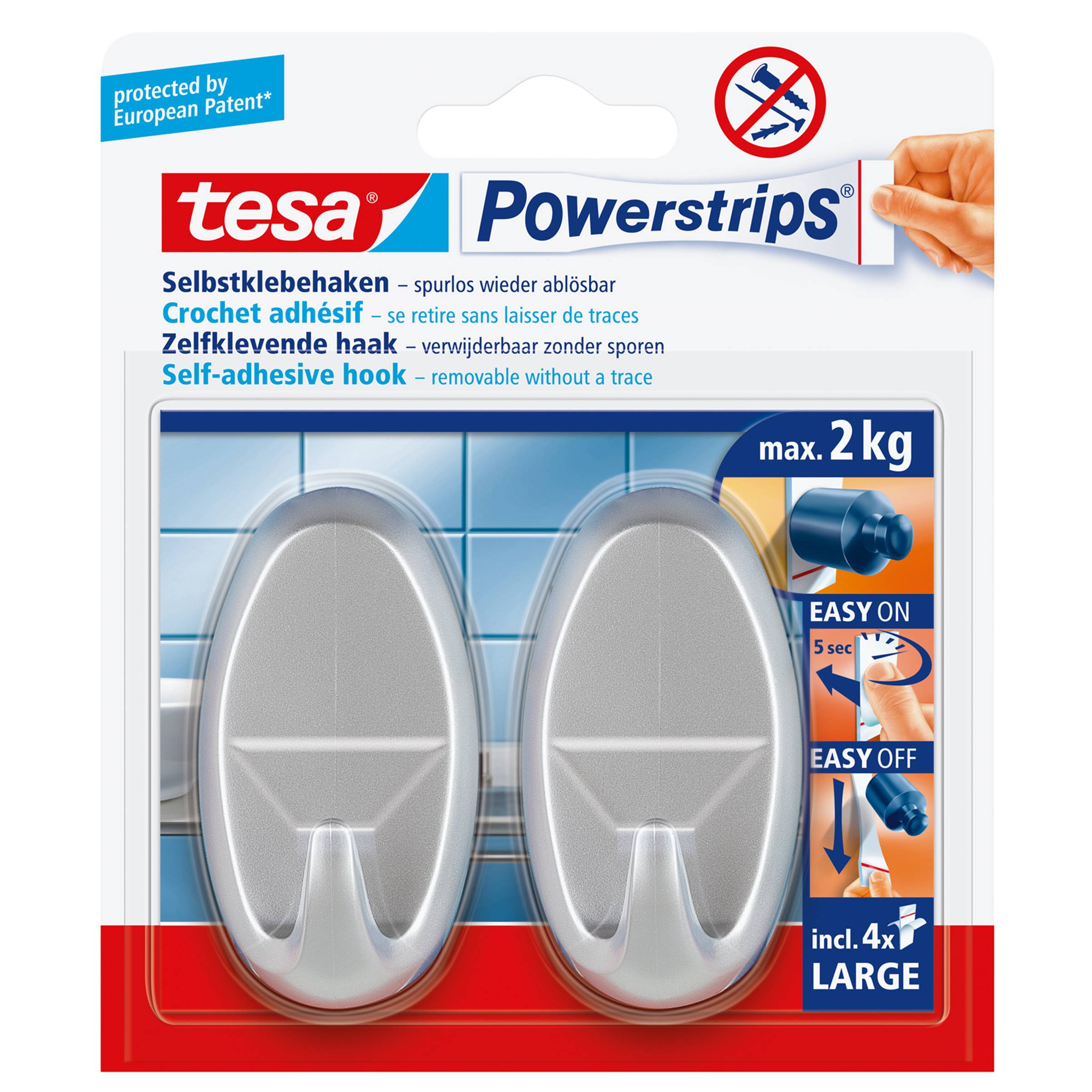 Verpackung für tesa Powerstrips selbstklebende Haken, zeigt zwei große silberne Haken, max. 2 kg, einfaches An- und Abnehmen, rückstandslos ablösbar.