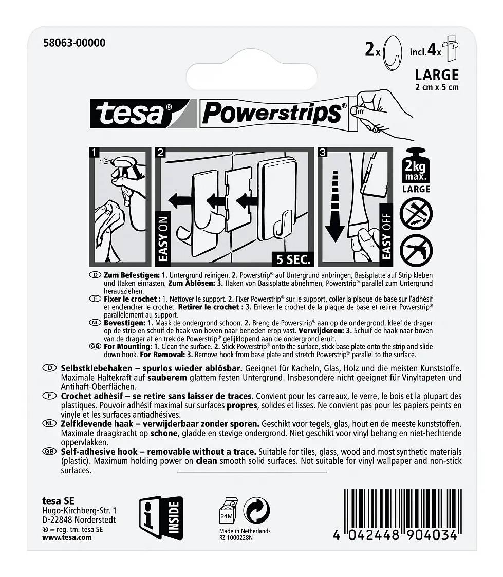 Paket tesa Powerstrips GROSS Klebebänder mit 3-Schritte-Montageanleitung, maximale Last 2 kg und Verpackungsdetails.