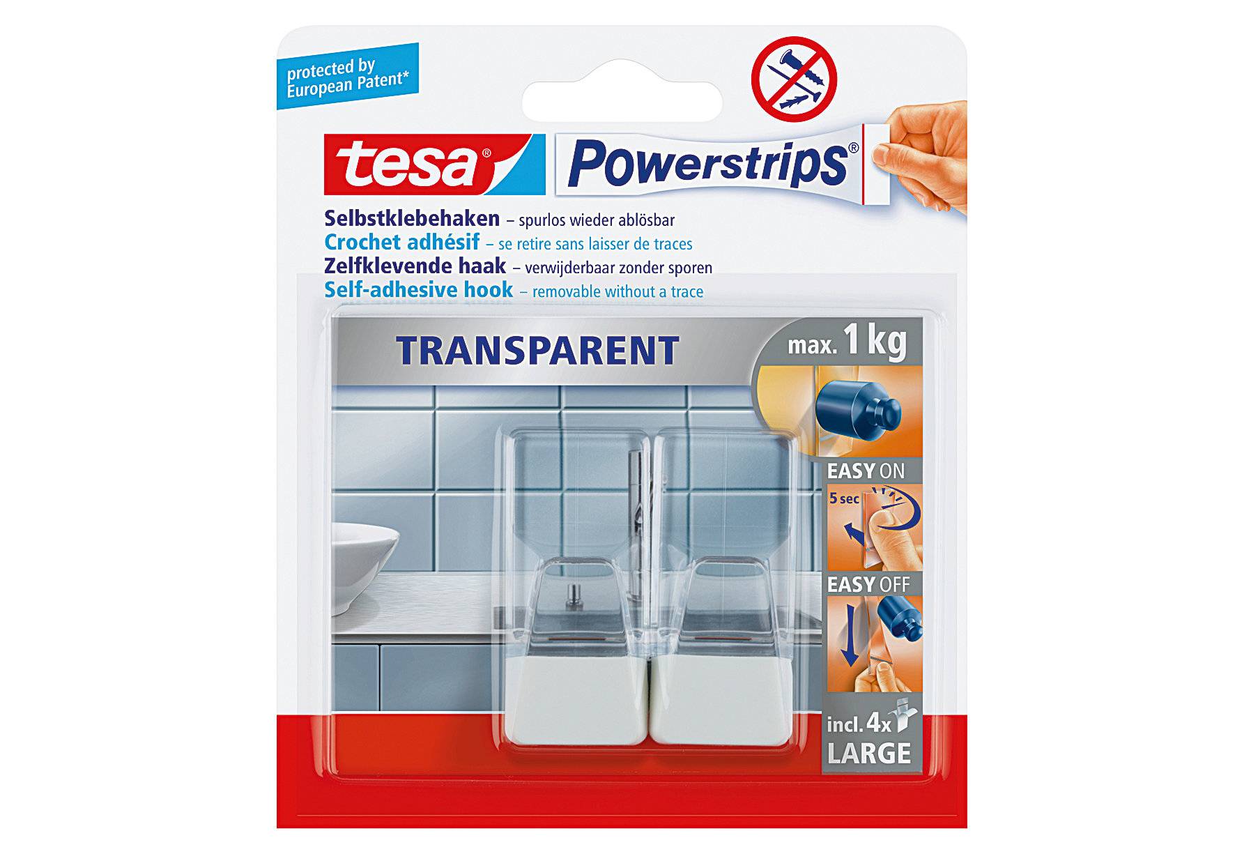 tesa Powerstrips Haken LARGE Transparent, transparent / weiß (8758811)