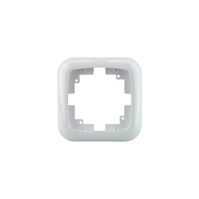 Weißer Kunststoffrahmen, quadratisch mit abgerundeten Kanten, konstruiert zum Aufsetzen auf ein Gerät oder eine Steckdose, mit Befestigungslöchern an jeder Ecke.