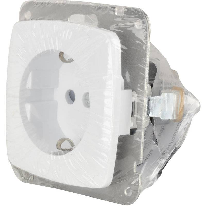 Eine europäische Steckdose mit weißer Kunststoffabdeckung ist zu sehen, die in Plastik eingewickelt ist und damit als neu und unbenutzt gekennzeichnet ist.