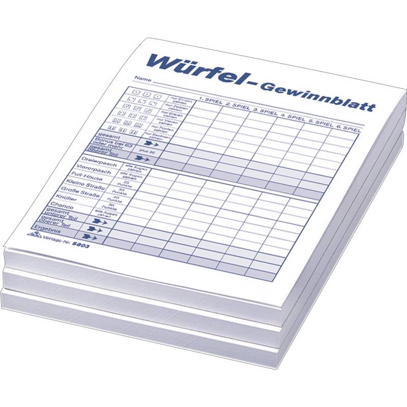 Stapel von 'Würfel-Gewinnblatt' Scorekarten, mit Zeilen und Spalten zur Aufzeichnung von Würfelspiel-Ergebnissen, Spielername und Punkteständen.