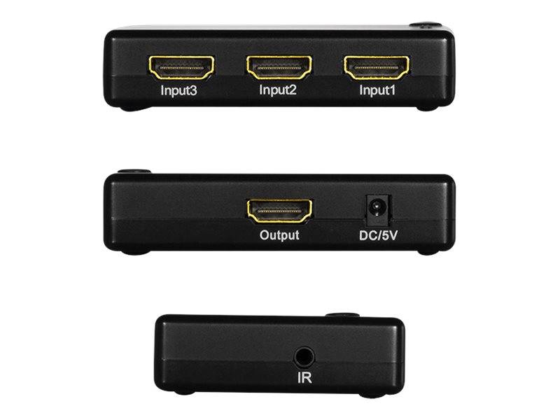 Schwarzer HDMI-Umschalter mit drei Eingängen mit den Beschriftungen Input3, Input2, Input1, ein Ausgangstecker, eine DC/5V-Stromversorgungsbuchse und einen IR-Sensoranschluss.