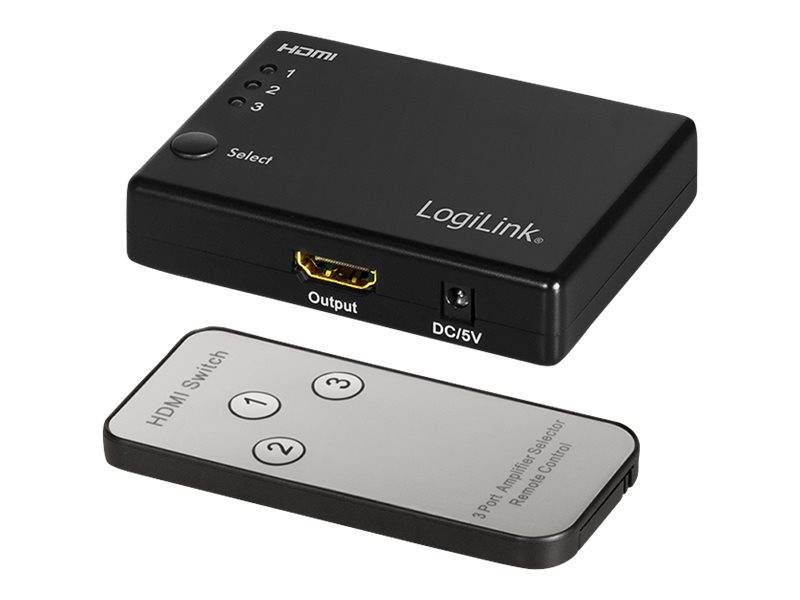 Zwei LogiLink HDMI-Umschalter, einer schwarz mit einem Ausgang und einem DC/5V-Anschluss, einer silber mit drei nummerierten Eingabetasten.