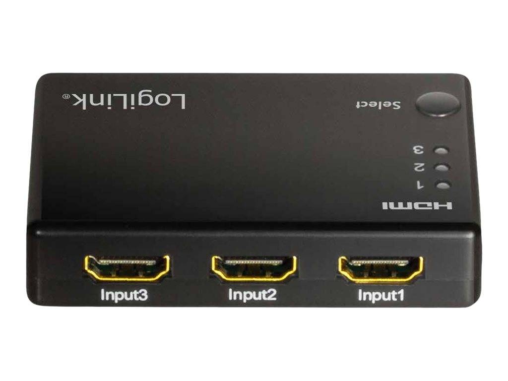 Schwarzer Logitech HDMI-Umschalter mit drei beschrifteten Eingängen, „Input1", „Input2"" und „Input3"", sowie einer Schaltfläche „Select"" und Kontrollleuchten.