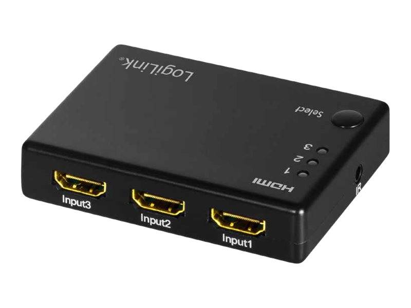 Schwarze 3-Port-HDMI-Umschalter mit einer Wahltaste und Eingangsindikatoren, mit den Eingängen Input1, Input2 und Input3 auf der Vorderseite.