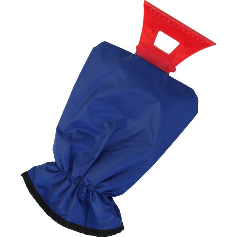 Ein roter Eiskratzer mit einem blauen gepolsterten Handschuh, entwickelt zum Entfernen von Schnee und Eis von Autofenstern und gleichzeitig zum Warmhalten der Hand des Benutzers.