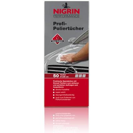 Verpackung für NIGRIN Performance 'Profi-Poliertücher' Autopoliturtücher, zeigt eine Hand, die eine Motorhaube poliert, und 50 Tücher.