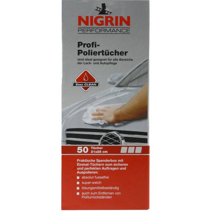 Nigrin Performance Profi-Poliertücher Packung mit Abbildung einer Hand, die ein Auto poliert; 50 Tücher, 21x28 cm, zur Autopflege und zum Entfernen von Politurüberschüssen.