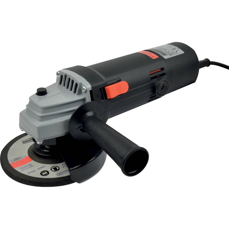 Eine schwarze und silberne Winkelschleifer mit einem Netzkabel und einem Seitengriff, auf einem weißen Hintergrund positioniert.