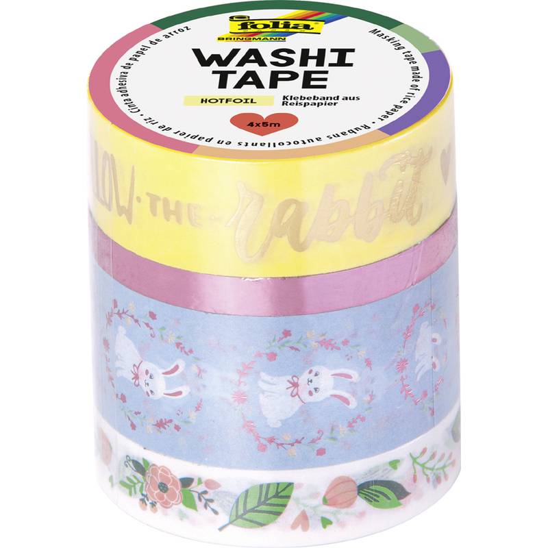 Drei gestapelte Rollen dekorativen Washi-Bandes; von oben: 'Ich liebe das Kaninchen' Text, pastellfarbenes Kaninchen-Design, Blumenmuster.