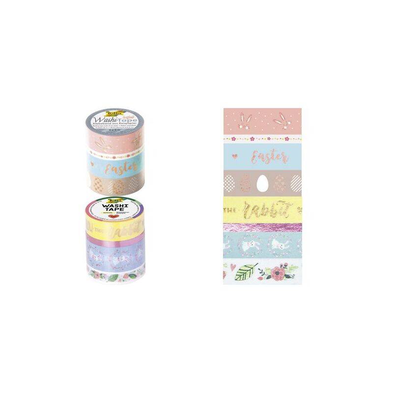 Zwei Rollen pastellfarbenes Oster-Washi-Tape und ein Musterstreifen mit floralen, Häschen-, Ei- und „Ostern