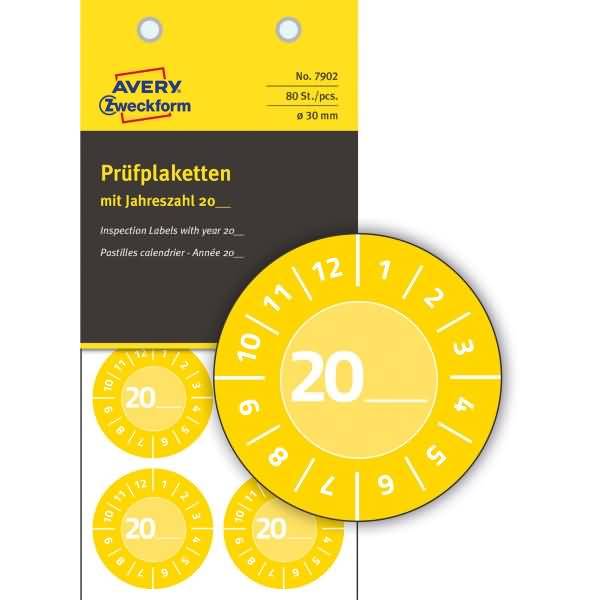 Prüfplaketten Jahreszahl 20__ Vinyl 30mm 10 Bogen/80 Etiketten gelb
