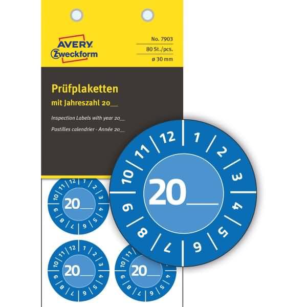 Prüfplaketten Jahreszahl 20__ Vinyl 30mm 10 Bogen/80 Etiketten blau