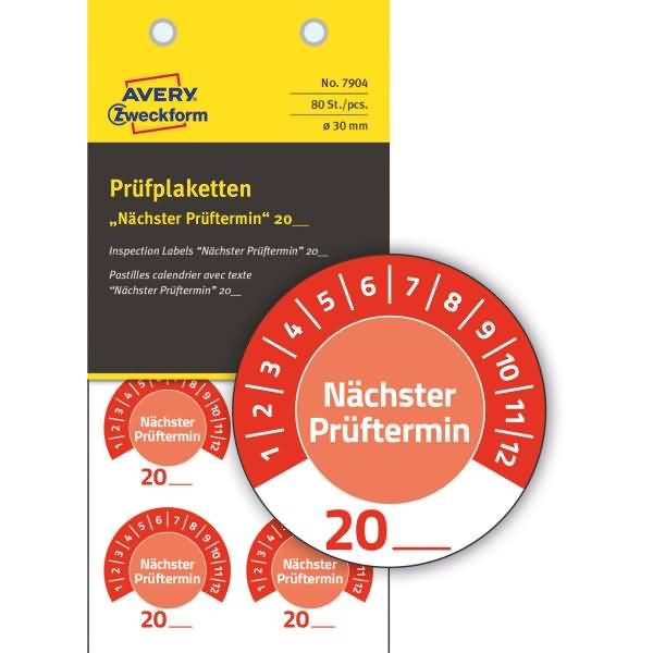 Prüfplaketten 'Nächster Prüftermin' 20__ Vinyl 30mm 10 Bogen/80 Etiketten rot