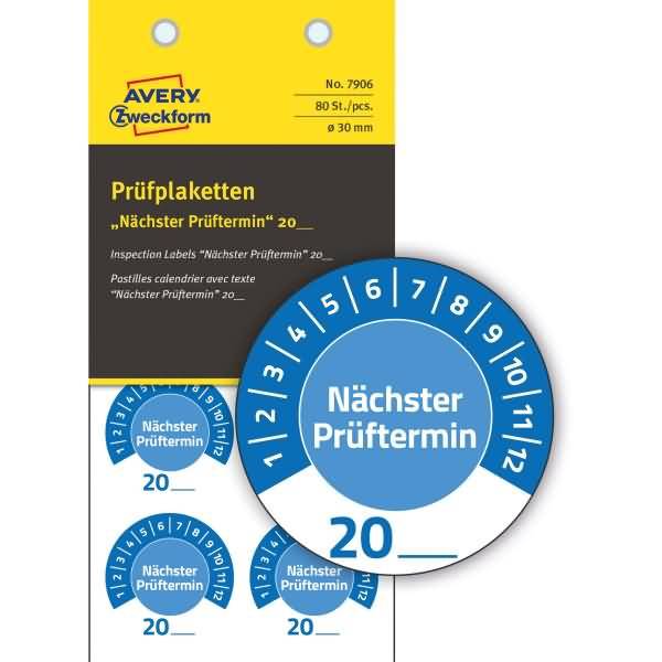 Prüfplaketten 'Nächster Prüftermin' 20__ Vinyl 30mm 10 Bogen/80 Etiketten blau