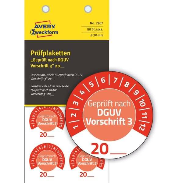 Prüfplaketten 'DGUV Vorschrift 3' 20__ Vinyl 30mm 10 Bogen/80 Etiketten rot