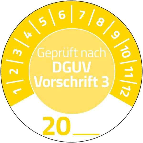 Prüfplaketten 'DGUV Vorschrift 3' 20__ Vinyl 30mm 10 Bogen/80 Etiketten gelb