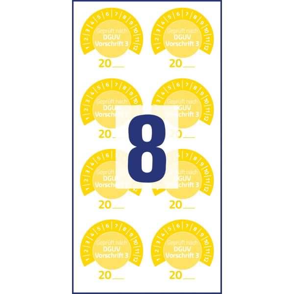 Prüfplaketten 'DGUV Vorschrift 3' 20__ Vinyl 30mm 10 Bogen/80 Etiketten gelb