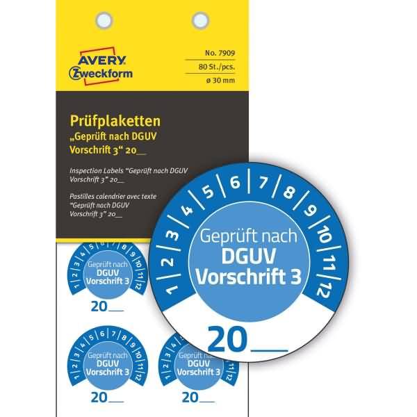 Prüfplaketten 'DGUV Vorschrift 3' 20__ Vinyl 30mm 10 Bogen/80 Etiketten blau