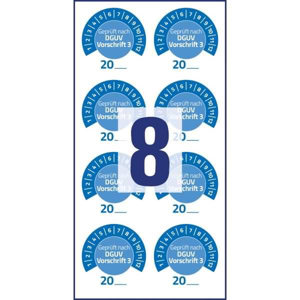 Prüfplaketten 'DGUV Vorschrift 3' 20__ Vinyl 30mm 10 Bogen/80 Etiketten blau