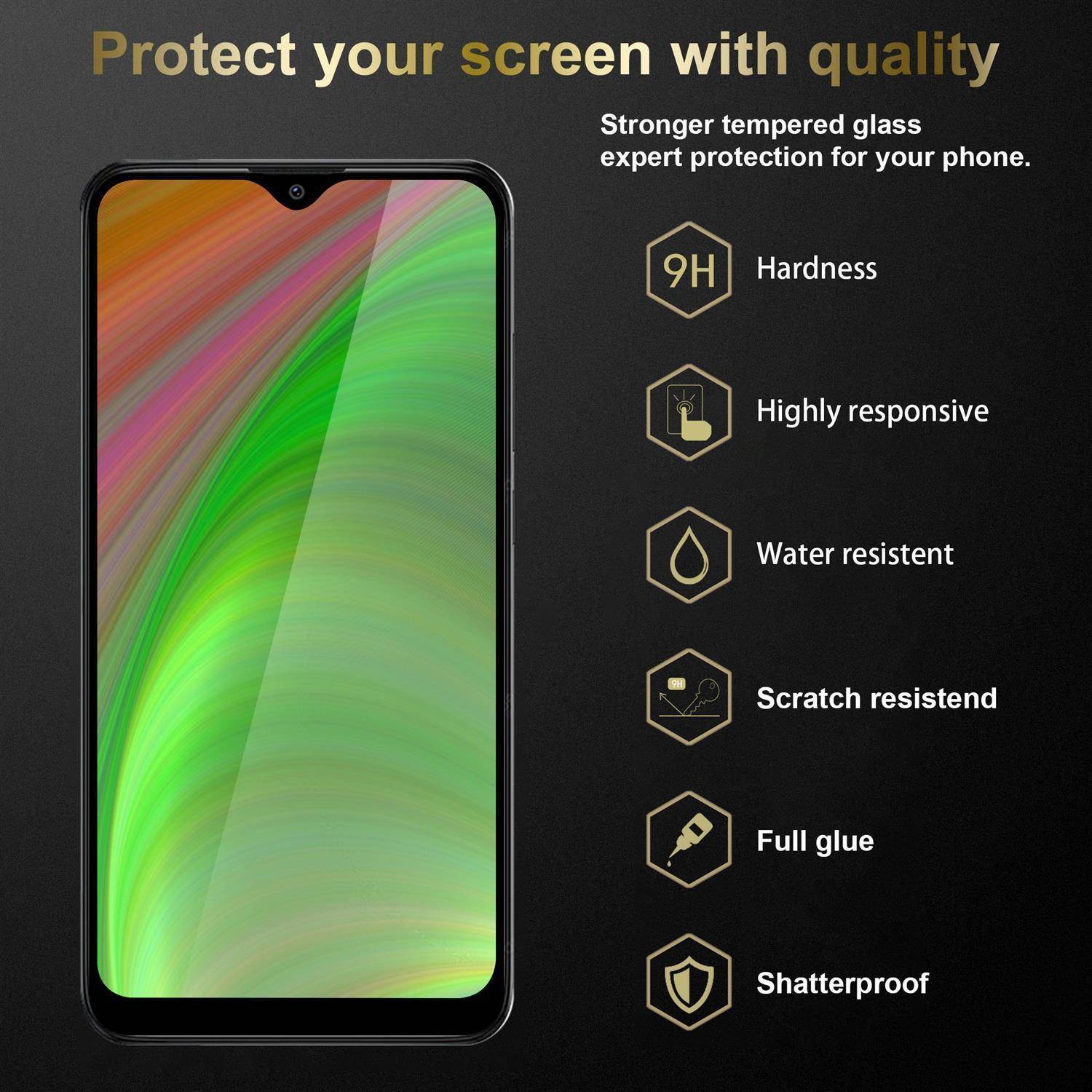 Cadorabo Panzerfolie für Xiaomi Redmi 9 Schutzfolie in Schwarz Vollbild Folie Tempered Display Schutzglas