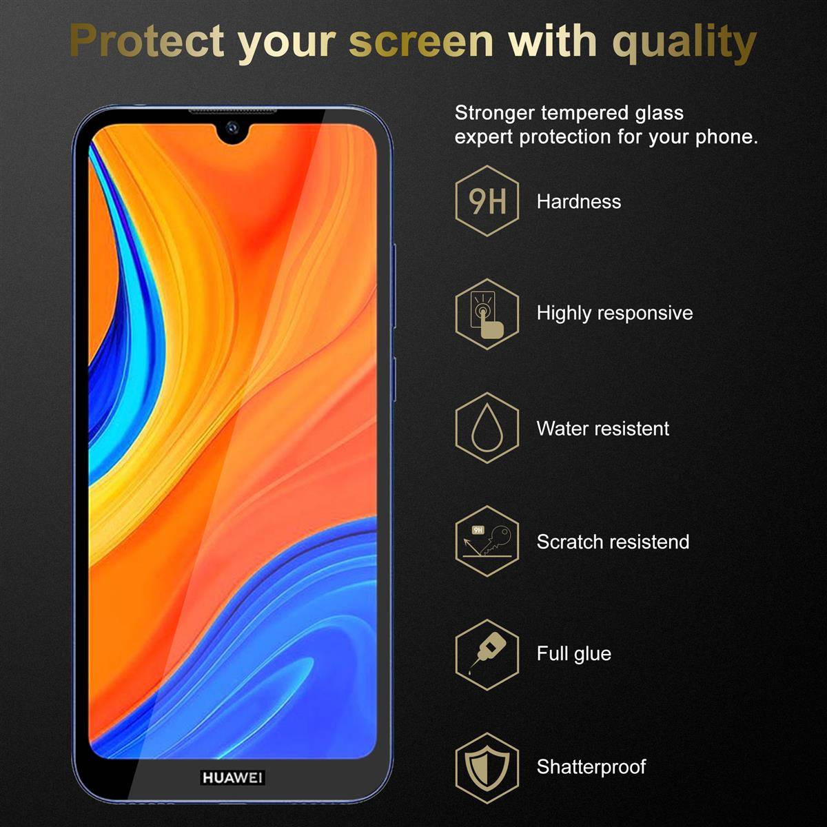 Cadorabo 3x Vollbild Panzer Folie für Huawei Y6S Schutzfolie in Schwarz Tempered Display-Schutzglas