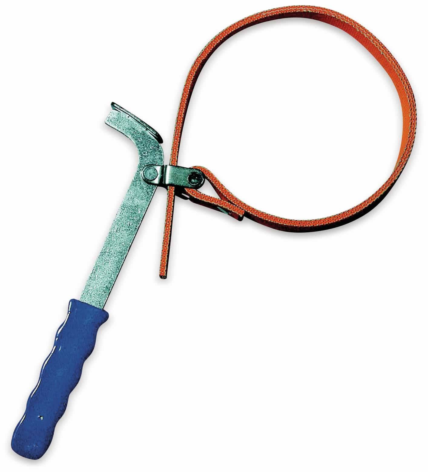 Ein Riemenschlüssel mit einem blauen Griff und einem verstellbaren orangefarbenen Riemen, der zum Greifen und Drehen von Gegenständen verwendet wird.