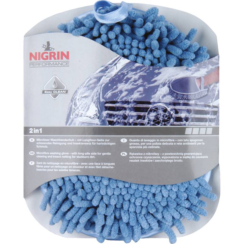 Blauer Mikrofaser-Autowaschhandschuh in Verpackung mit der Aufschrift 'Nigrin Performance 2in1', auf der ein Auto beim Waschen zu sehen ist. Geeignet für sanfte Reinigung.