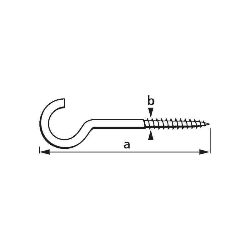 H'-förmige Hakenschraube mit Diagramm, das die Länge 'a' und den Durchmesser 'b' zeigt, mit spitzer Endung zum Befestigen von Haken in Oberflächen.