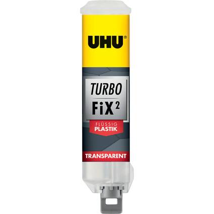 TURBO FiX2 FLÜSSIG Plastik Klebstoffröhrchen von UHU, gekennzeichnet als 'TRANSPARENT'; verwendet für dauerhafte, transparente Verklebung von Materialien.