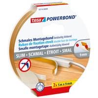 Verpackung für tesa Powerbond kleine Montagebänder, gekennzeichnet mit 'SLIM • SCHMAL • ETROIT • SMAL' und '2 x 5 m x 9 mm', mit einem Ohne-Bohren-Symbol.