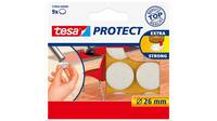 Packung tesa PROTECT Extra-Stark Rundpads, 26 mm, gezeigt beim Halten von Stuhlbeinen und zum Schutz von Oberflächen.